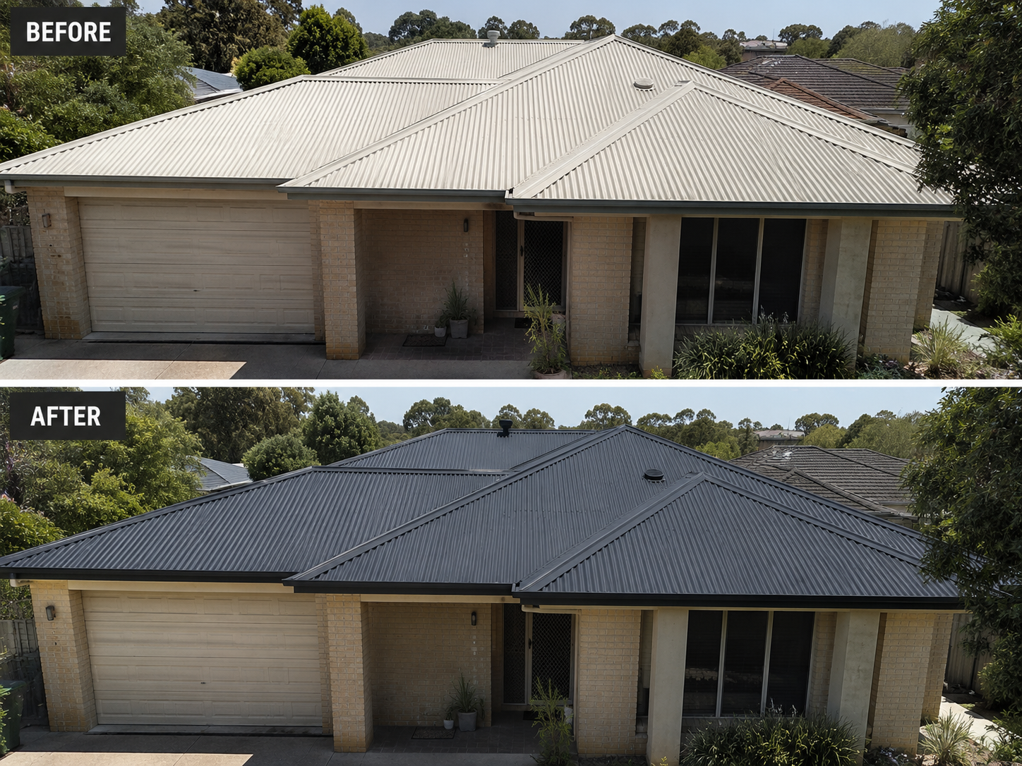 Metal roof resprayed from light cream to dark charcoal
