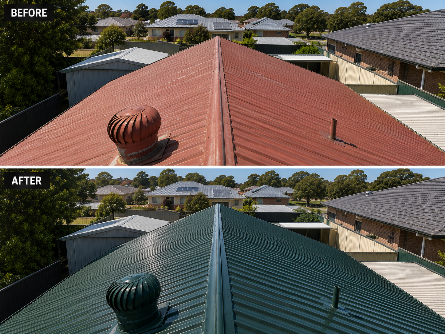 Metal roof resprayed from rusty terracotta to dark green